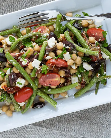 Green Bean, Chickpea & Sun-Dried Tomato Salad with Feta & Olives