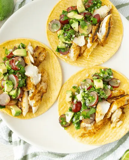 Grilled Fish Tacos with Spicy Avocado, Grape & Cilantro Salsa