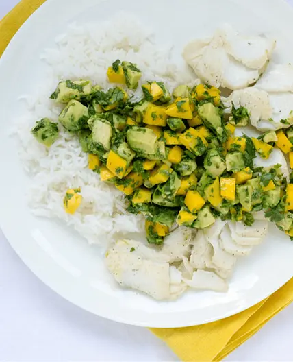 Grilled Halibut with Mango-Avocado Salsa & Basmati Rice