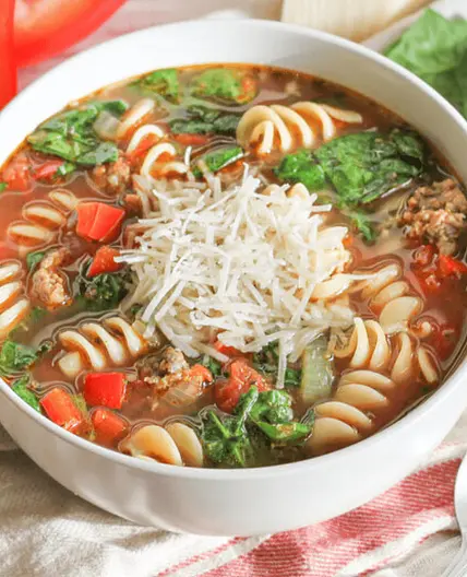 Italian Sausage Soup with Rotini Pasta, Bell Pepper, Tomato & Spinach