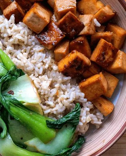 Maple Glazed Tofu with Garlic Sautéed Bok Choy & Basmati Rice