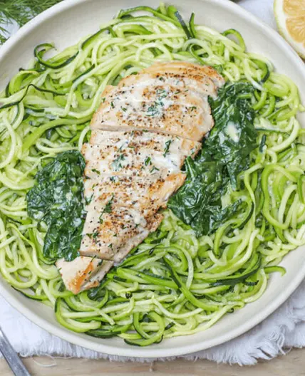 Pan-Seared Chicken with Zucchini Noodles & Creamy Lemon-Dill Spinach