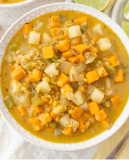 Red Lentil Soup with Sweet Potato, Pear, Coconut Milk & Lime