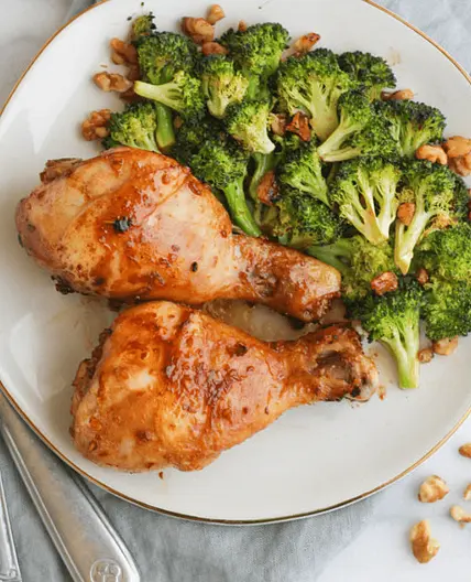 Sheet Pan Asian Chicken Drumsticks with Broccoli & Spiced Walnuts