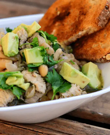 Southwest White Chicken Chili with Avocado & Crusty Bread