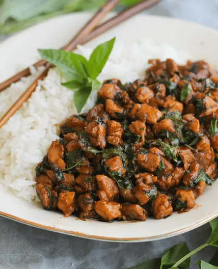 Spicy Thai Basil Chicken with Baby Spinach & Rice