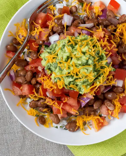 Veggie Burrito Bowl with Salsa, Guacamole & Cheddar