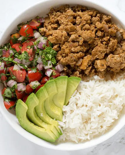 Turkey Taco Rice Bowl with Pico de Gallo & Avocado Slices