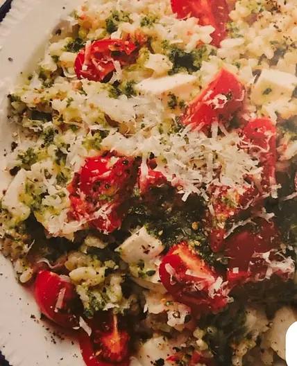 Pesto Risotto with cherry
tomatoes and mozzarella...