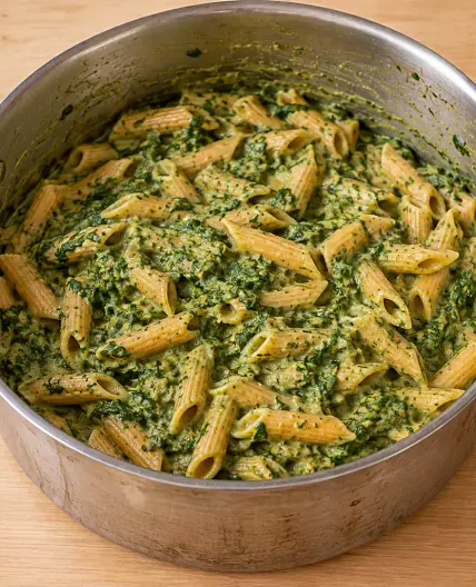 High Protein Quick Creamy Red Lentil Penne with Spinach