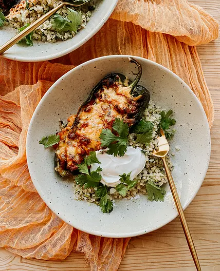 Stuffed Poblano Peppers with Cilantro Lime Cauliflower Rice