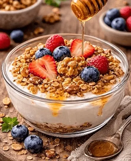 Flavoured yoghurt, homemade granola and honey