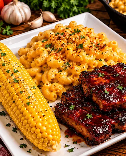 BBQ Riblets, Mac & Corn (Plant Based)
