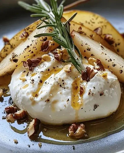 Burrata sur poires rôties au miel et romarin, éclats de noisette