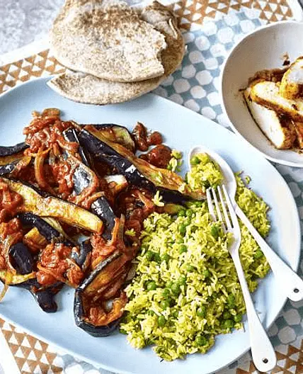Aubergines in Tamarind Sauce with Baked Halloumi & Saffron Rice