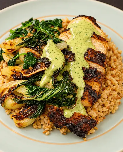 Sumac Chicken over Toasted Bulgur with Charred Bok Choy & Herb Tahini