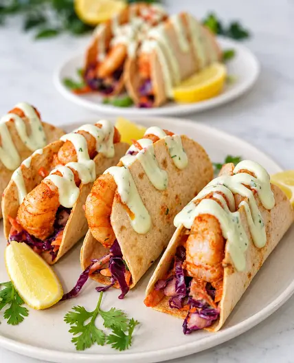 Mexican Shrimp Tacos with Cilantro Lime Avocado Crema