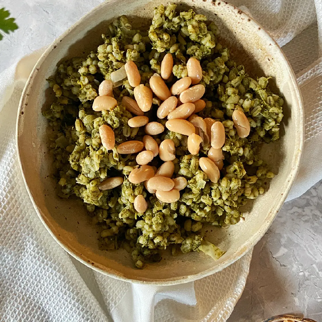 Creamy green groats with feta cheese