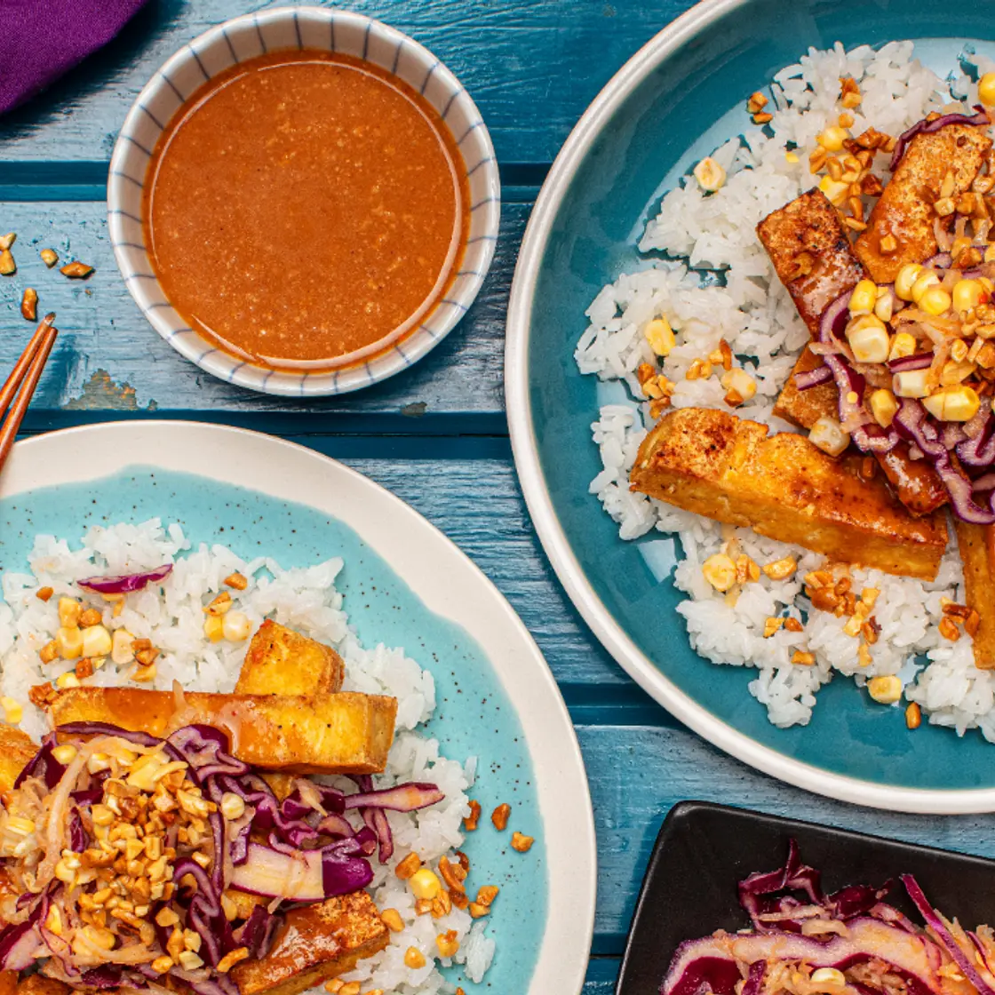 Thai-Style Peanut Butter Tofu

with Corn, Kohlrabi & Cabbage Slaw