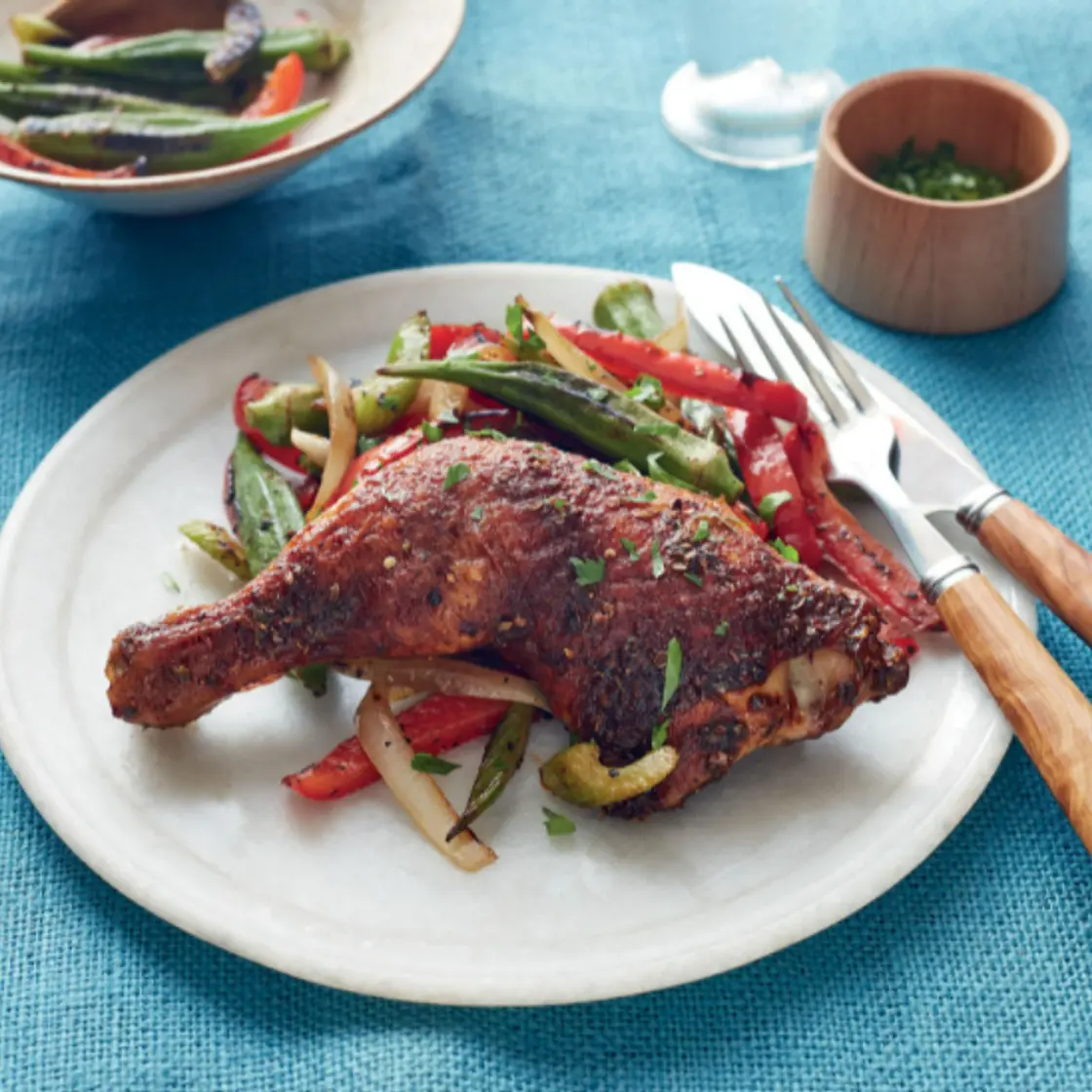 Cajun-Style Chicken Legs with Roasted Okra and Peppers