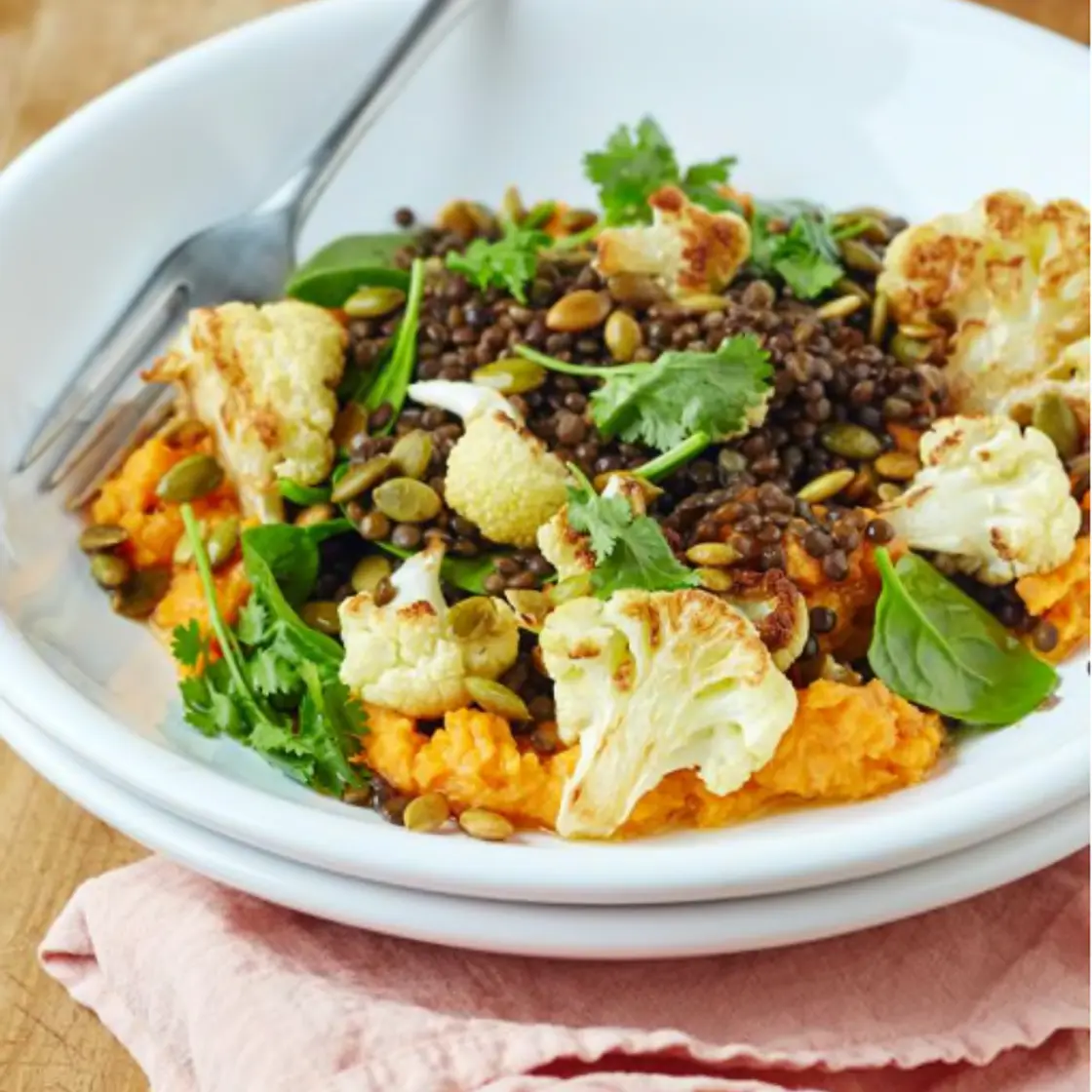 Roasted Cauliflower & Lentil Bowl with Sweet Potato Hummus