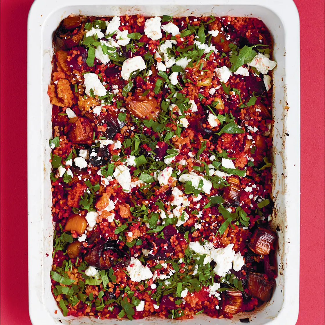 Butter roasted harissa leeks & beetroot (with bulgur & feta)