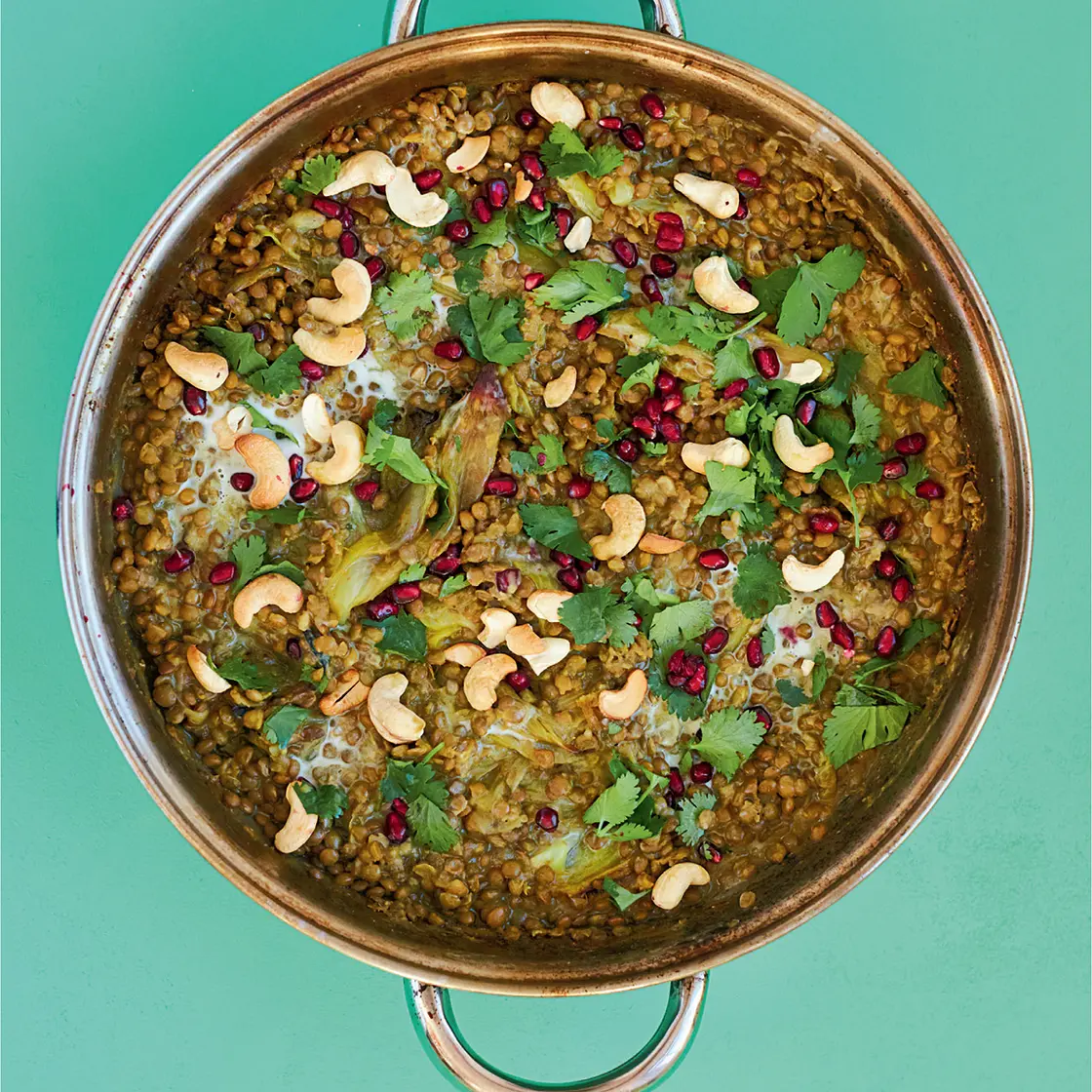 SIMPLE ALL-IN-ONE DAAL WITH ROASTED SHALLOTS, CORIANDER, POMEGRANATE & CASHEWS