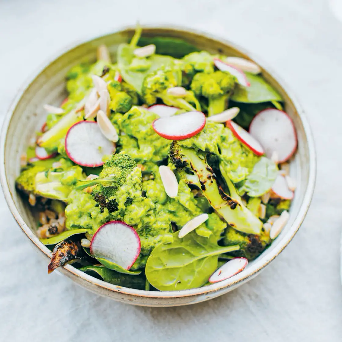 Smashed peas with freekeh, broccoli and avocado