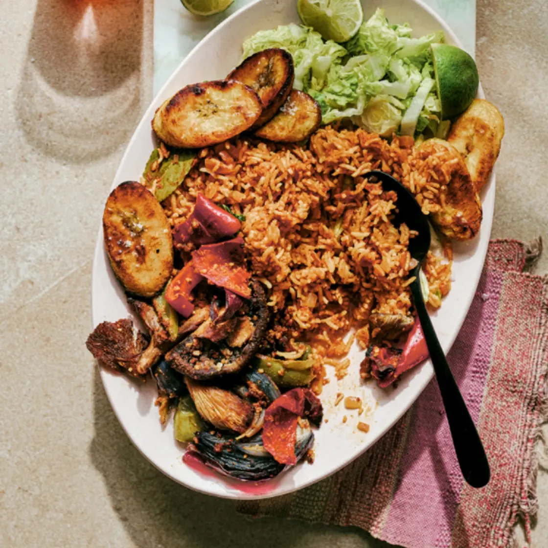 Suya Vegetables with Jollof, Plantain and Salad