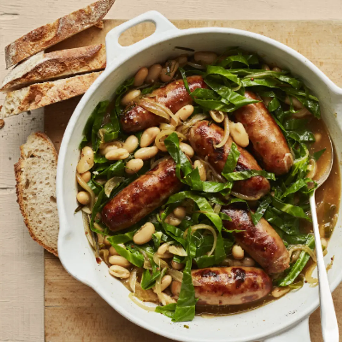 Braised Sausages with Beans & Greens