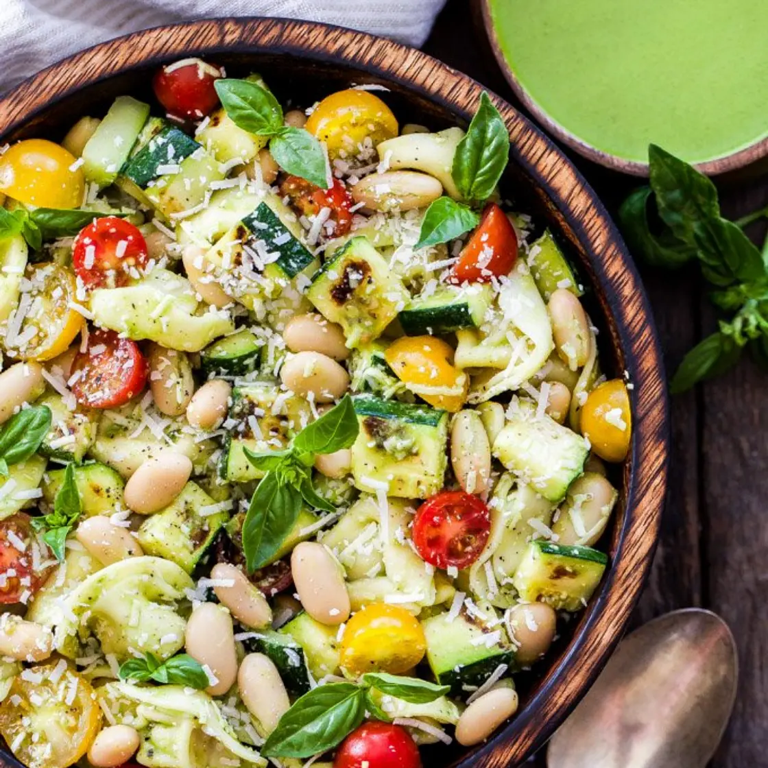 Grilled Zucchini, White Bean, Tomato and Tortellini Pasta Salad