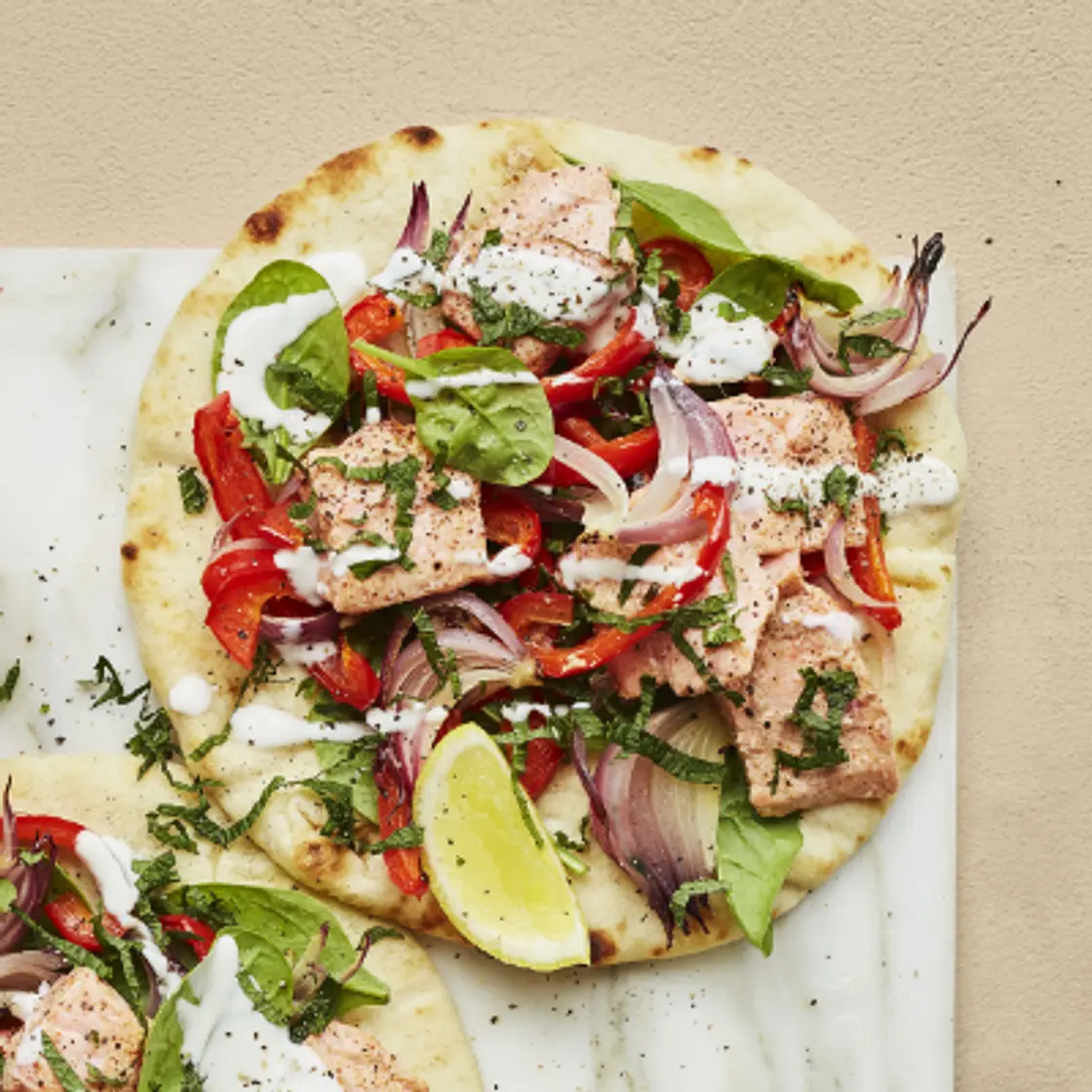 Spiced Salmon and Grilled Vegetable Flatbreads