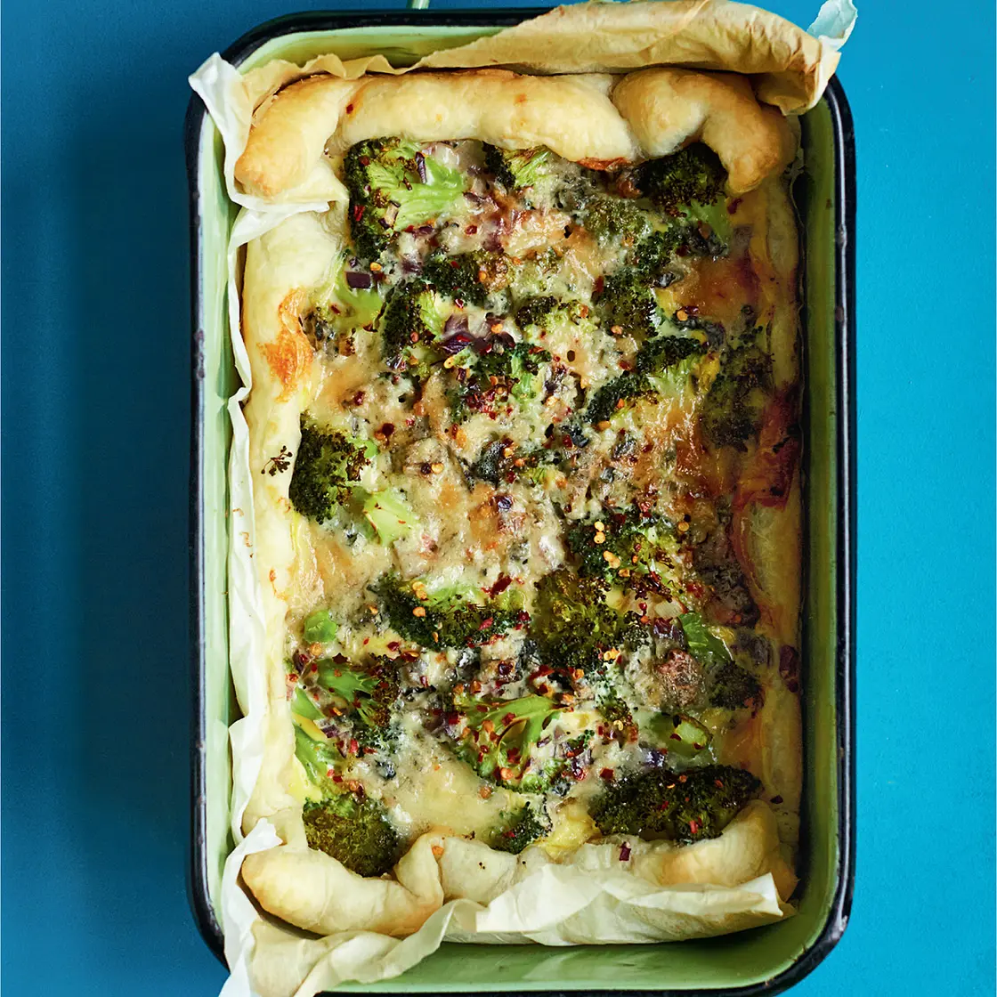 THE MOST INDULGENT QUICK COOK QUICHE: BROCCOLI, BLUE CHEESE, CHILLI & WALNUT