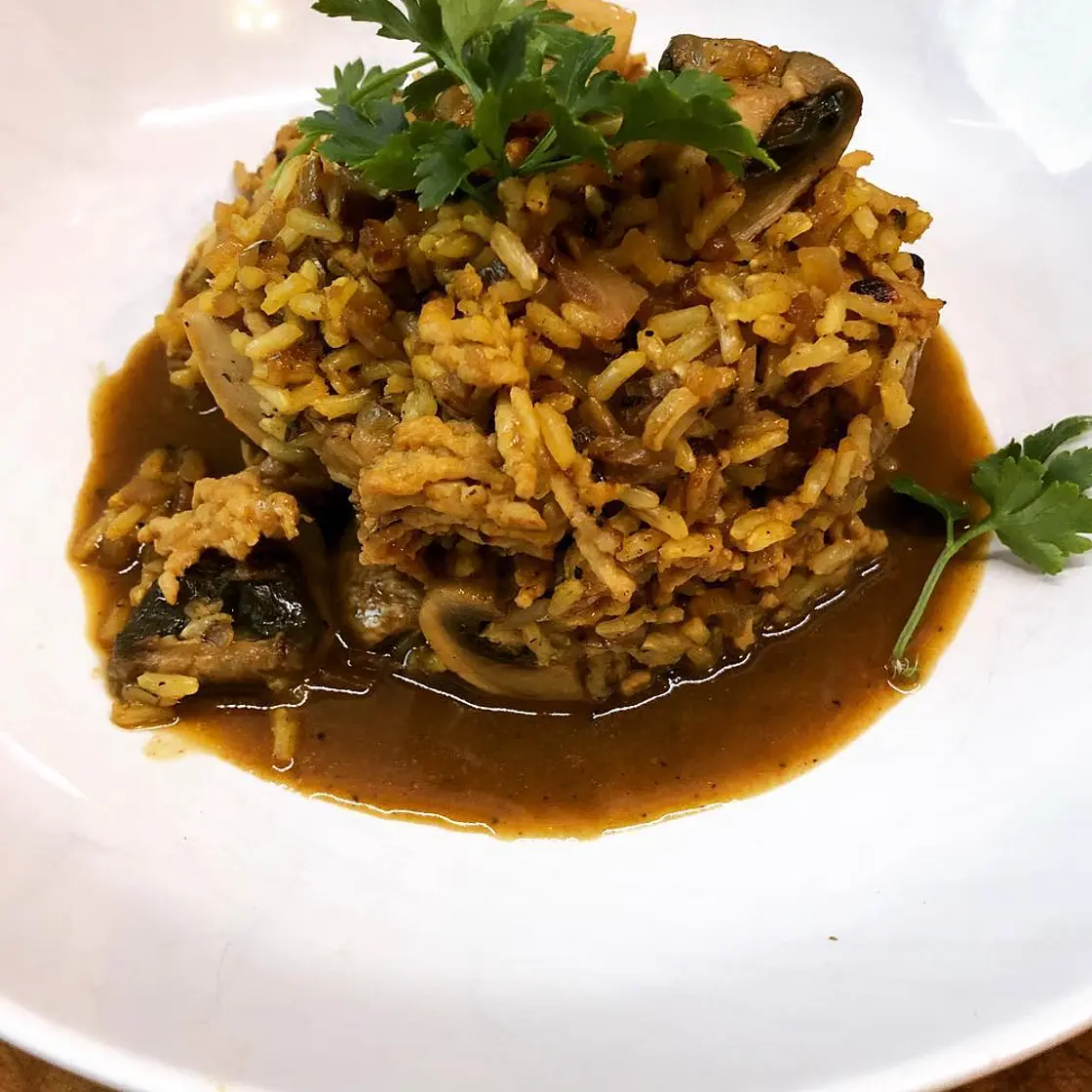 Turkey breast strips, rice and mushrooms
