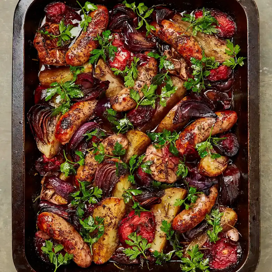 Sticky sweet-and-sour plums and sausages