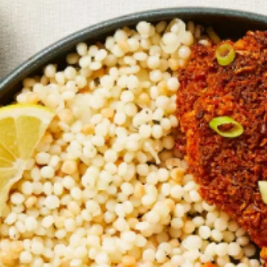 Crispy Parmesan Chicken with Garlic Scallion Couscous