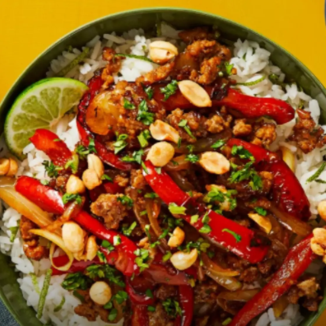 Sweet Chili Pork Bowls with Bell Pepper & Candied Peanuts