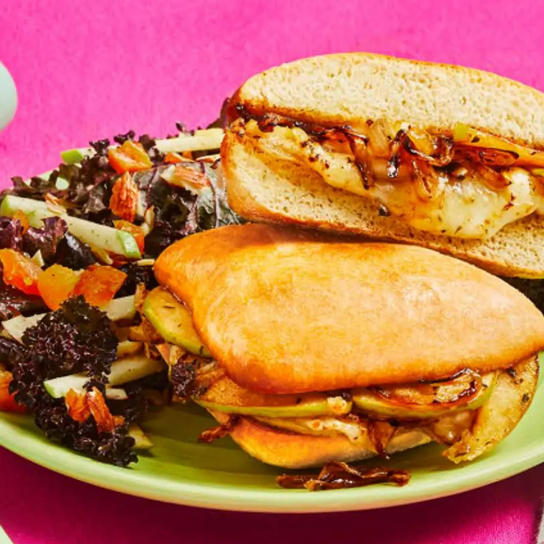 CARAMELIZED ONION & APPLE MELTS ciabatta, white cheddar, kale salad with dried apricots & almonds