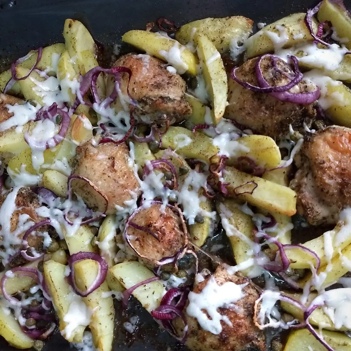 Greek sheet pan chicken, potatoes and feta