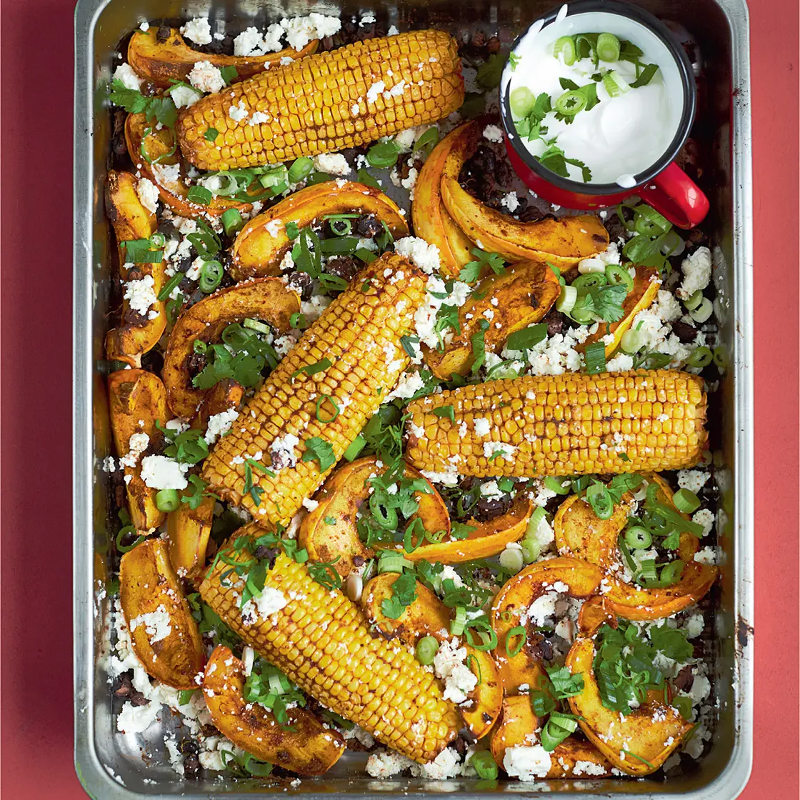 CHIPOTLE ROASTED SWEETCORN WITH SQUASH, BLACK BEANS, FETA & LIME