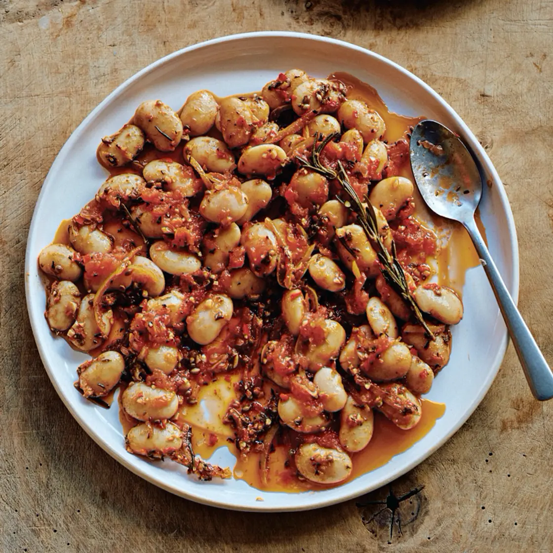 butter beans with preserved lemon, chile, and herb oil