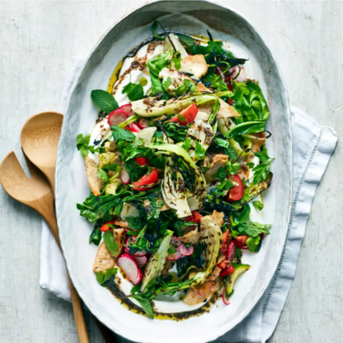 Pak Choi Fattoush with Yogurt & Sumac Dressing
