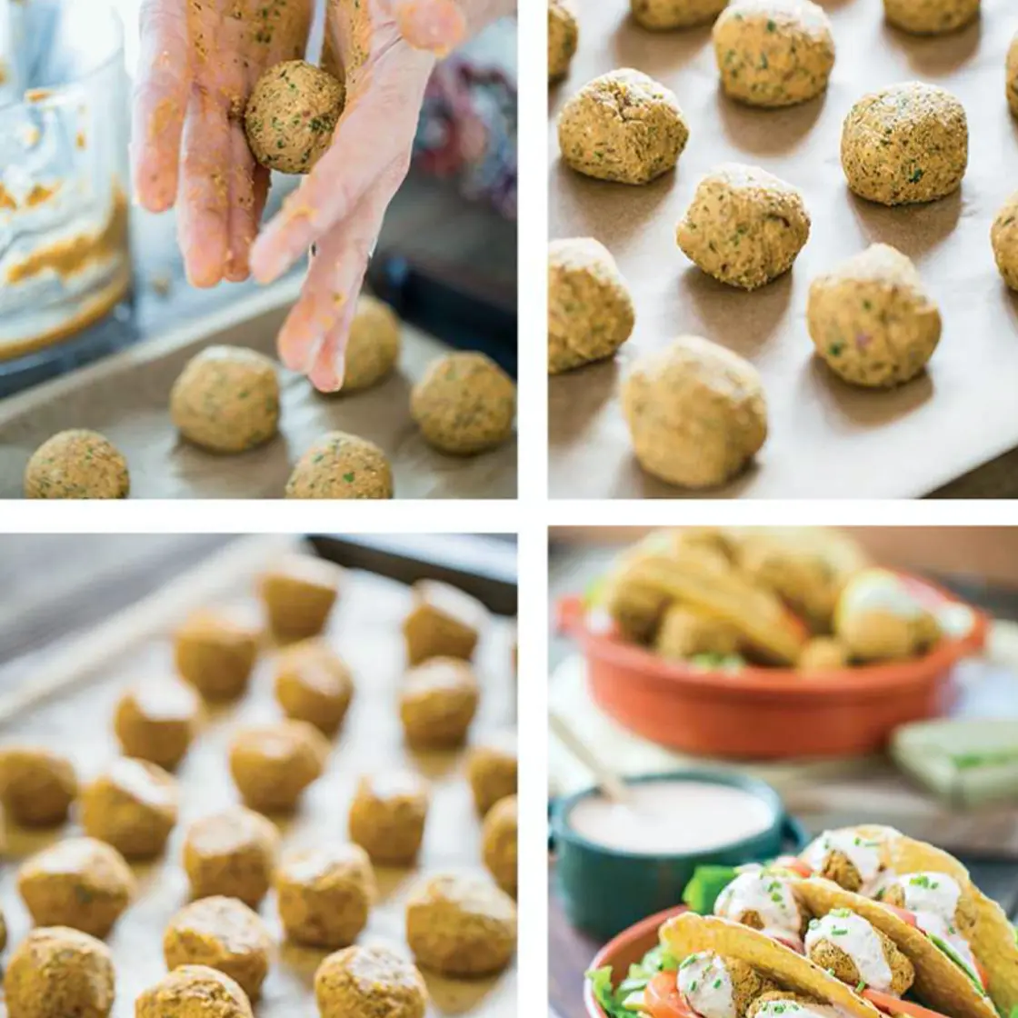 Falafel tacos with sriracha- tahini sauce