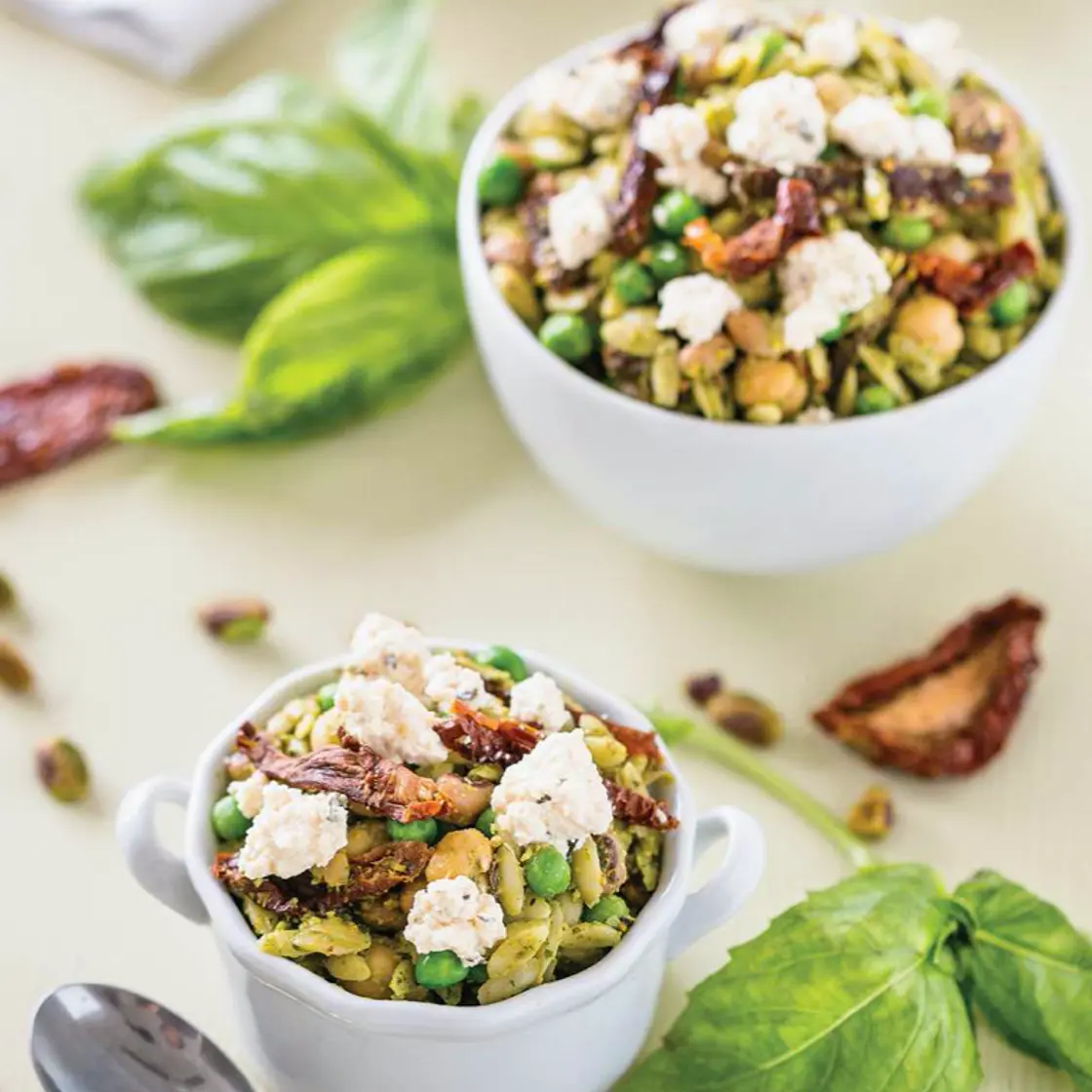 Three pea & orzo pistacho pesto salad