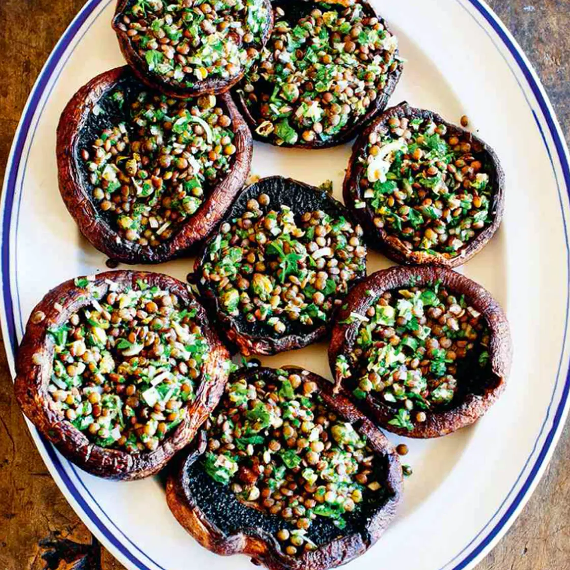 Baked big mushrooms with dressed puy lentils