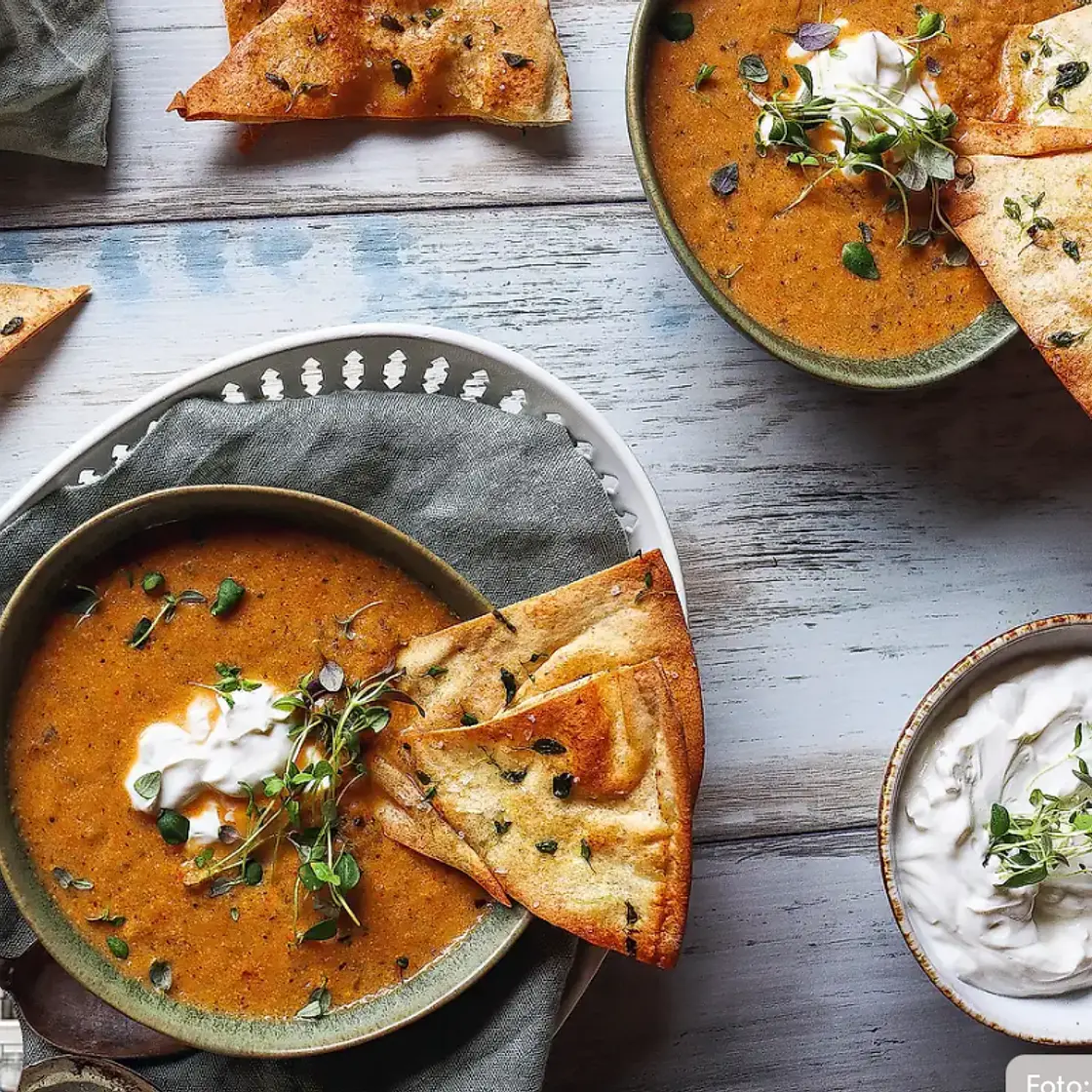 Roasted vegetable soup with Lebanese bread