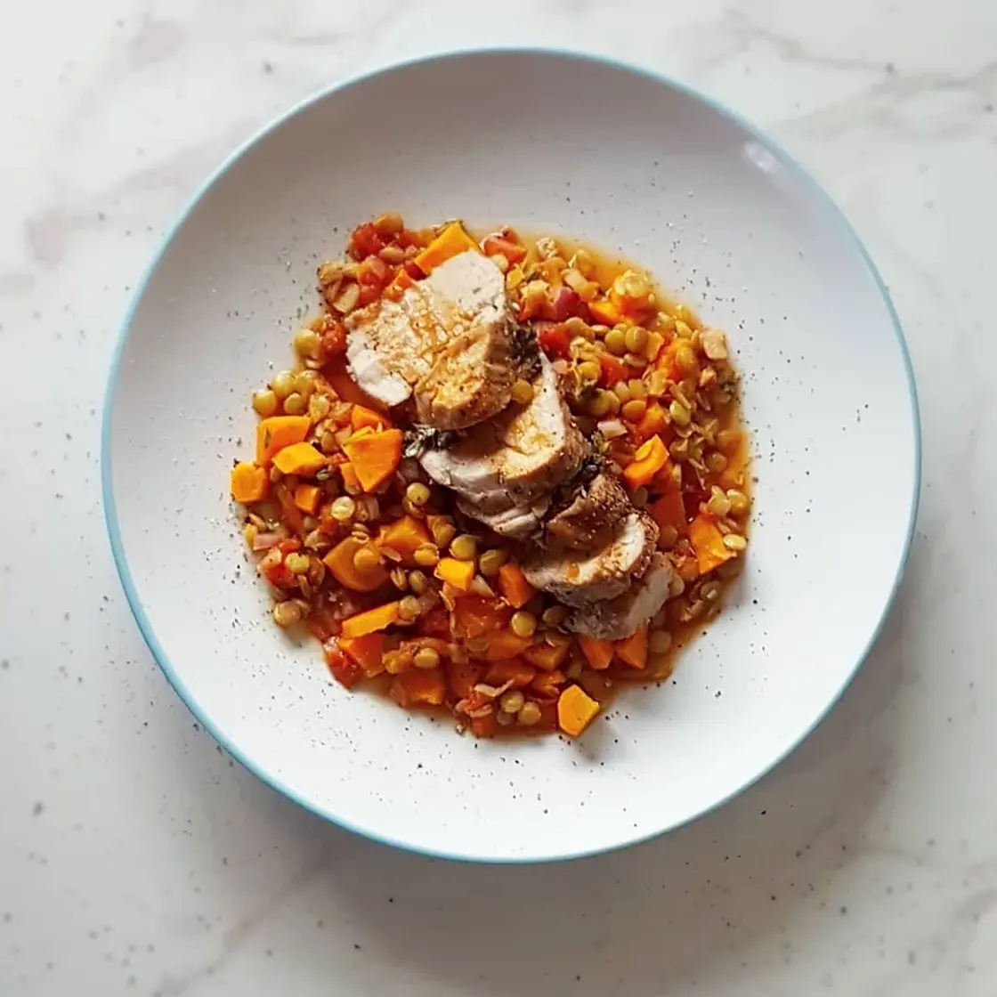 Pork on Balsamic Lentils