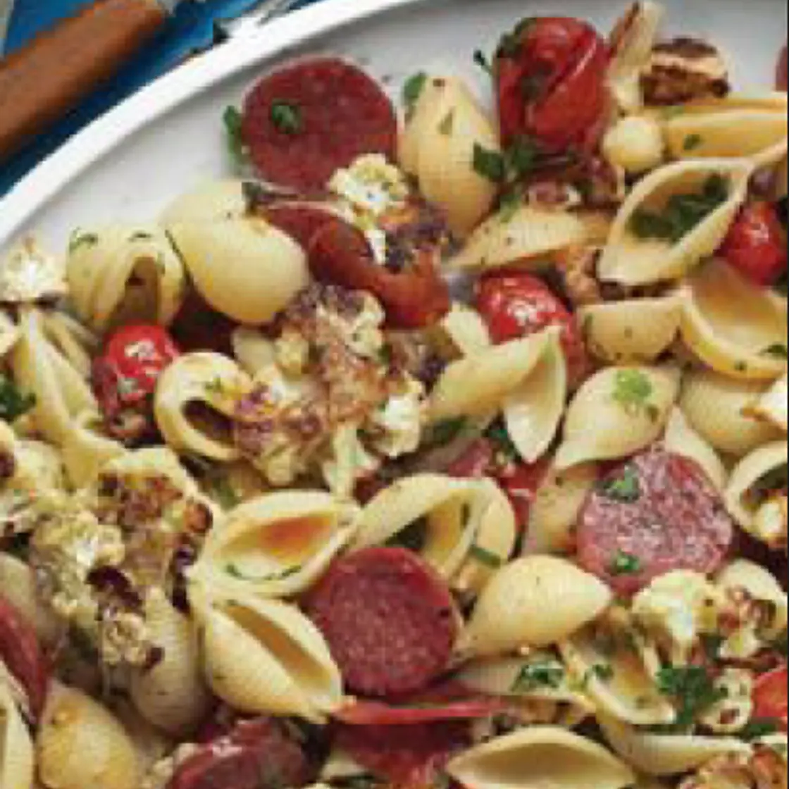 Cauliflower, Tomatoes, and Pepperoni Pasta