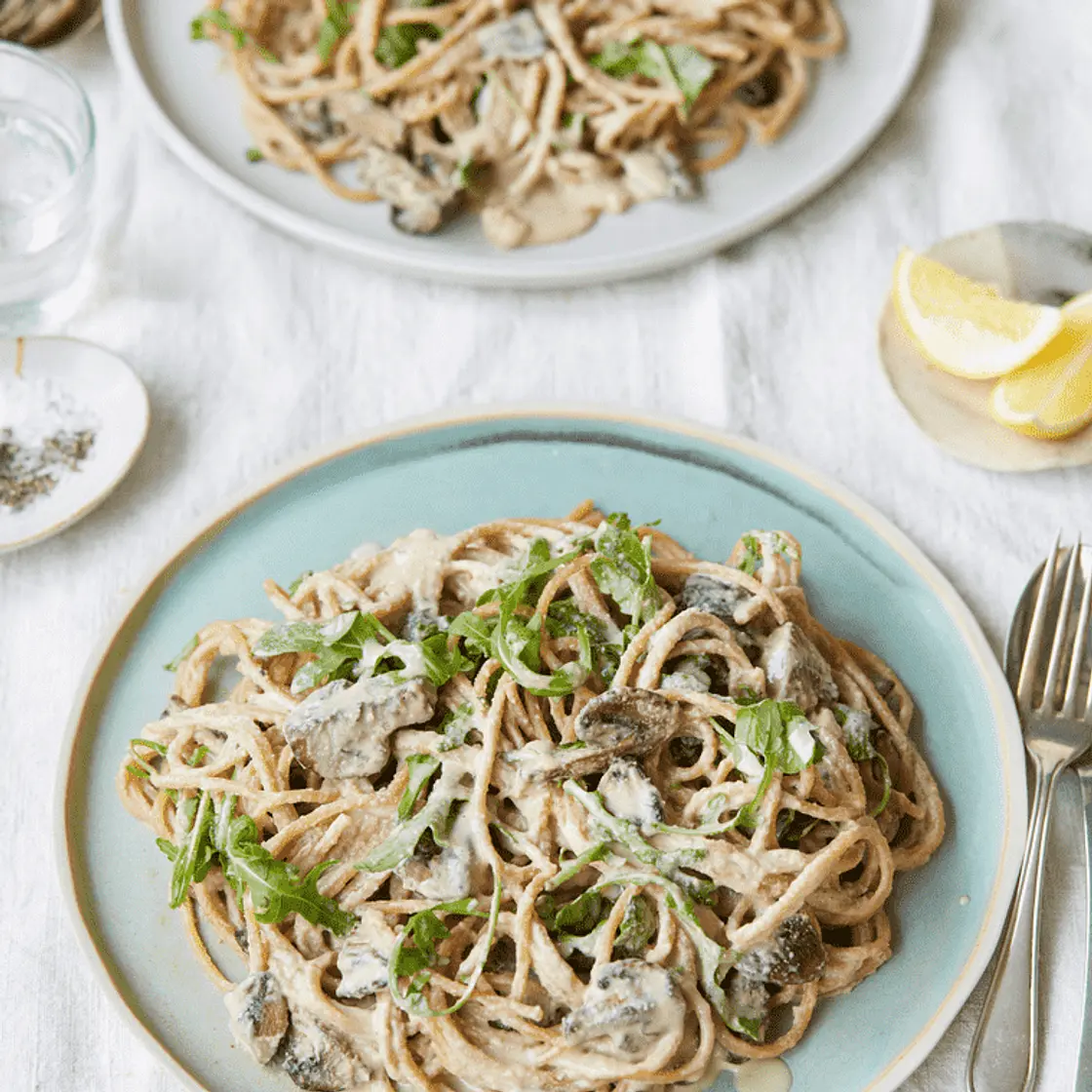 Cashew, chestnut mushroom, and rocket carbonara