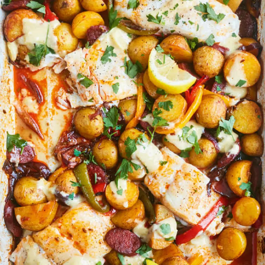 COD & CHORIZO NEW POTATO TRAYBAKE WITH HOMEMADE AIOLI